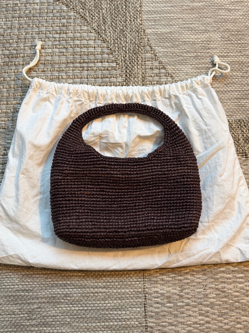 Manebi Brown Raffia Halfmoon Bag